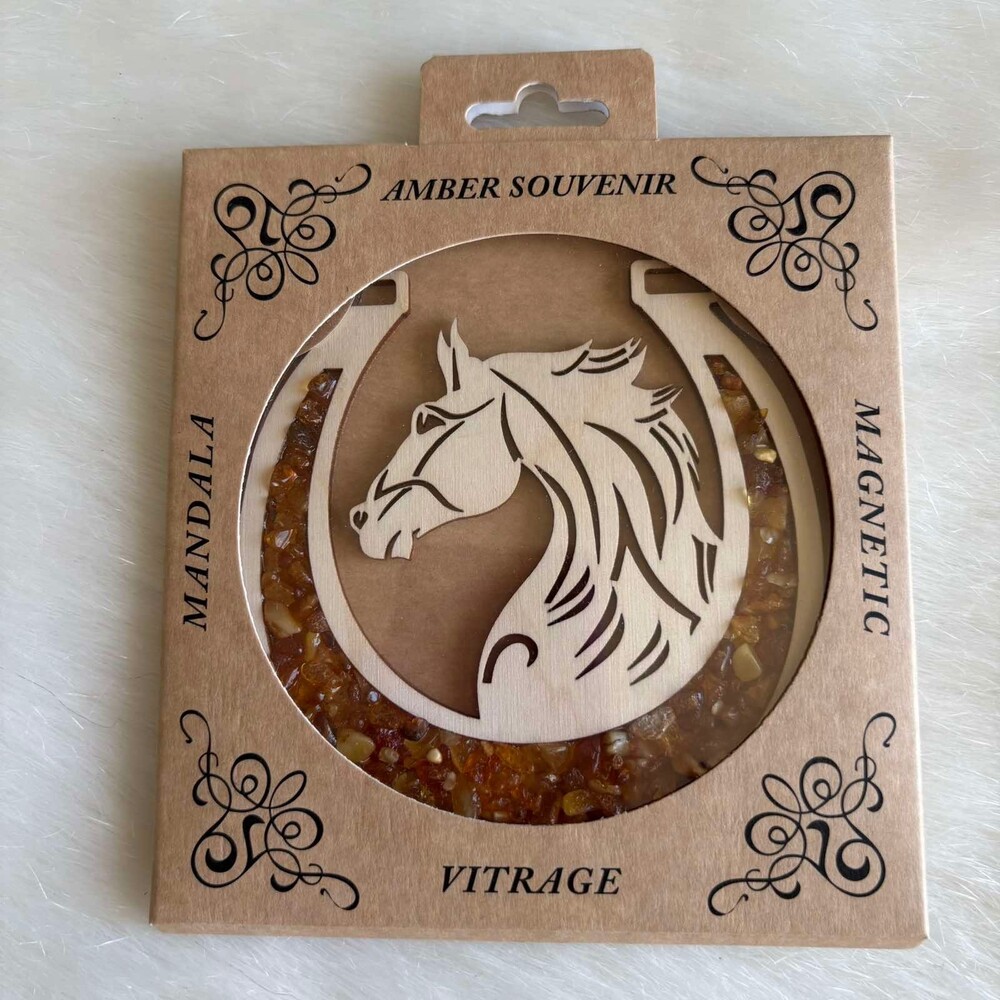 Finland Baltic Amber Horse Horseshoe Wood Magnet Vitrage Mandala Souvenir Decor